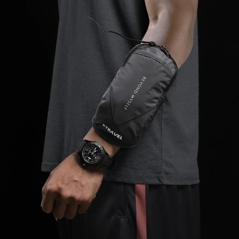 Reflective running arm bag with 7-inch capacity in fluorescent yellow, black, and silver grey options