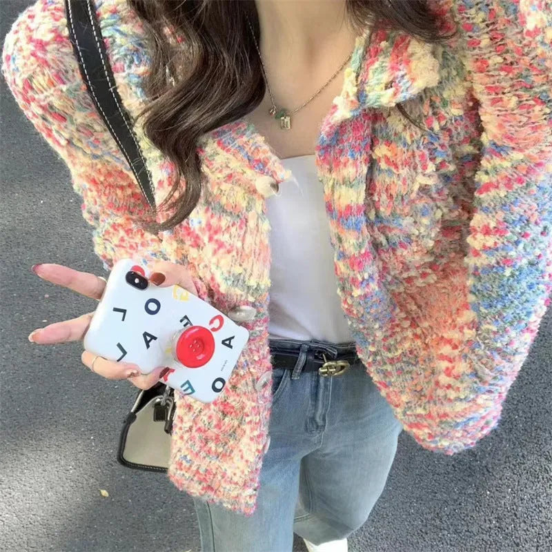 Retro rainbow pattern knitted cardigan sweater in pink and green ice cream colours