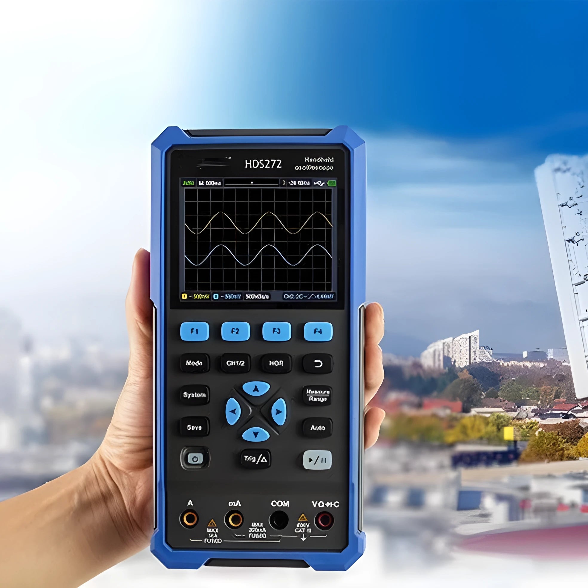 Handheld Owon HDS272 digital oscilloscope with probe accessories for automotive diagnostics