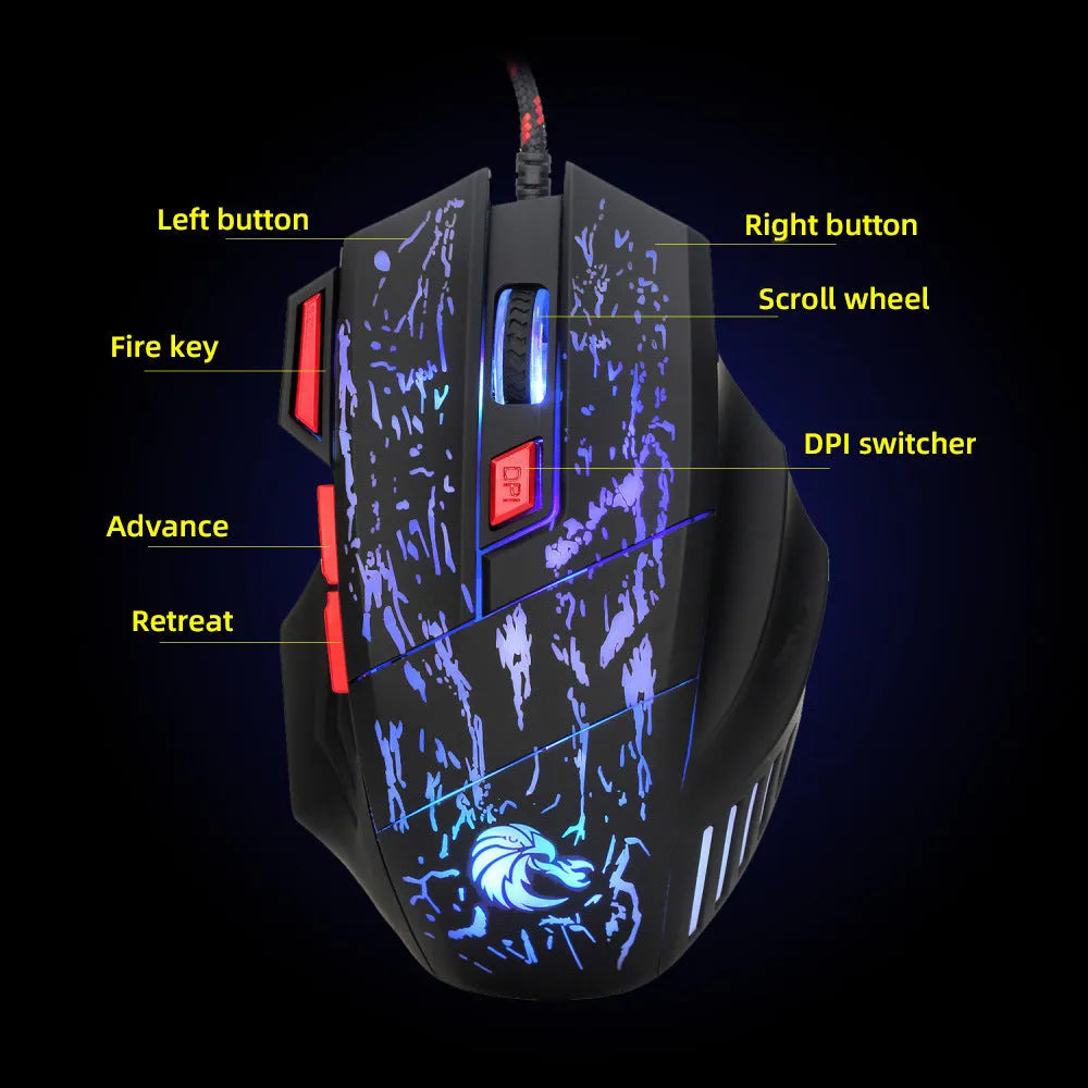 Water crack RGB wired gaming mouse with colour-changing luminous lighting and ergonomic design