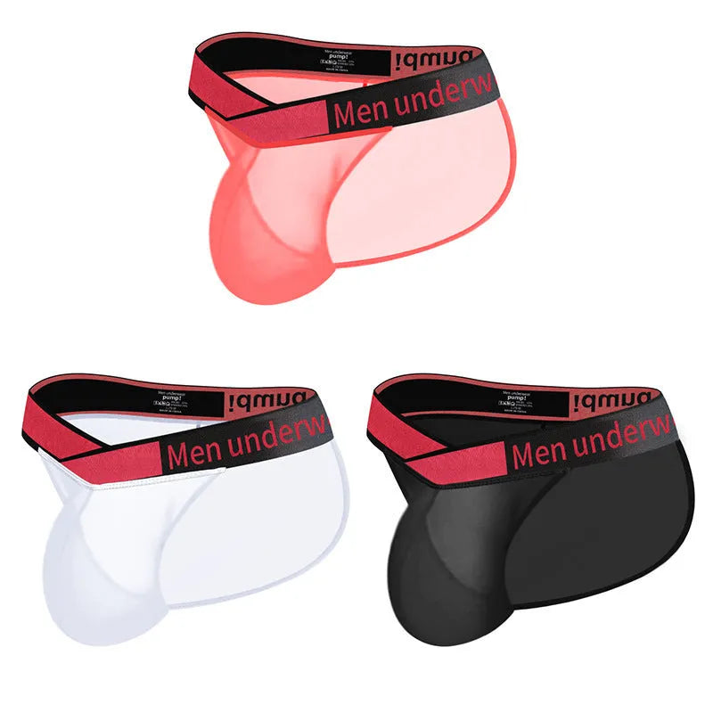 Men's transparent ice silk underwear briefs with large V gradient high cut design in black colour