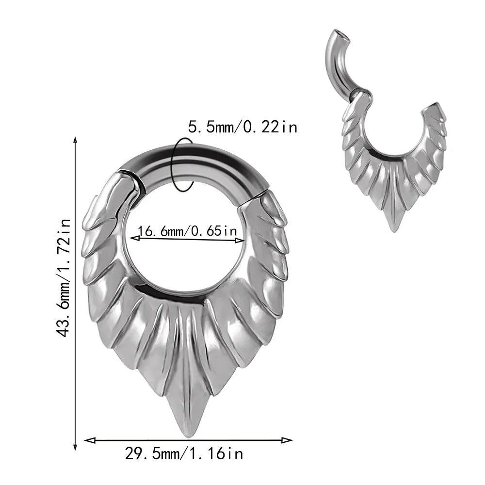 Stainless steel drop-shaped ear extender with totem decoration for stretched earlobes.