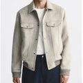 British style suede velvet commuter jacket in light grey or mink colour, made from spandex fabric.