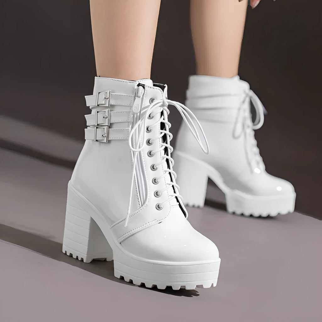 Women's black thick heel short boots with lace-up front and round toe