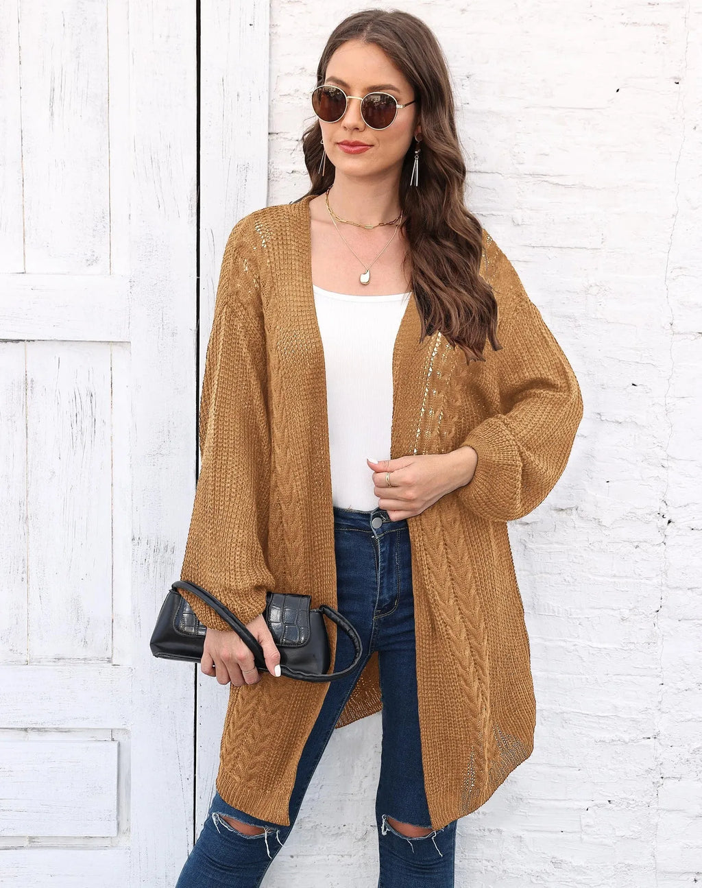 Women's loose acrylic sweater coat cardigan in army green, shown front view