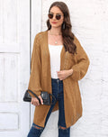 Women's loose acrylic sweater coat cardigan in army green, shown front view