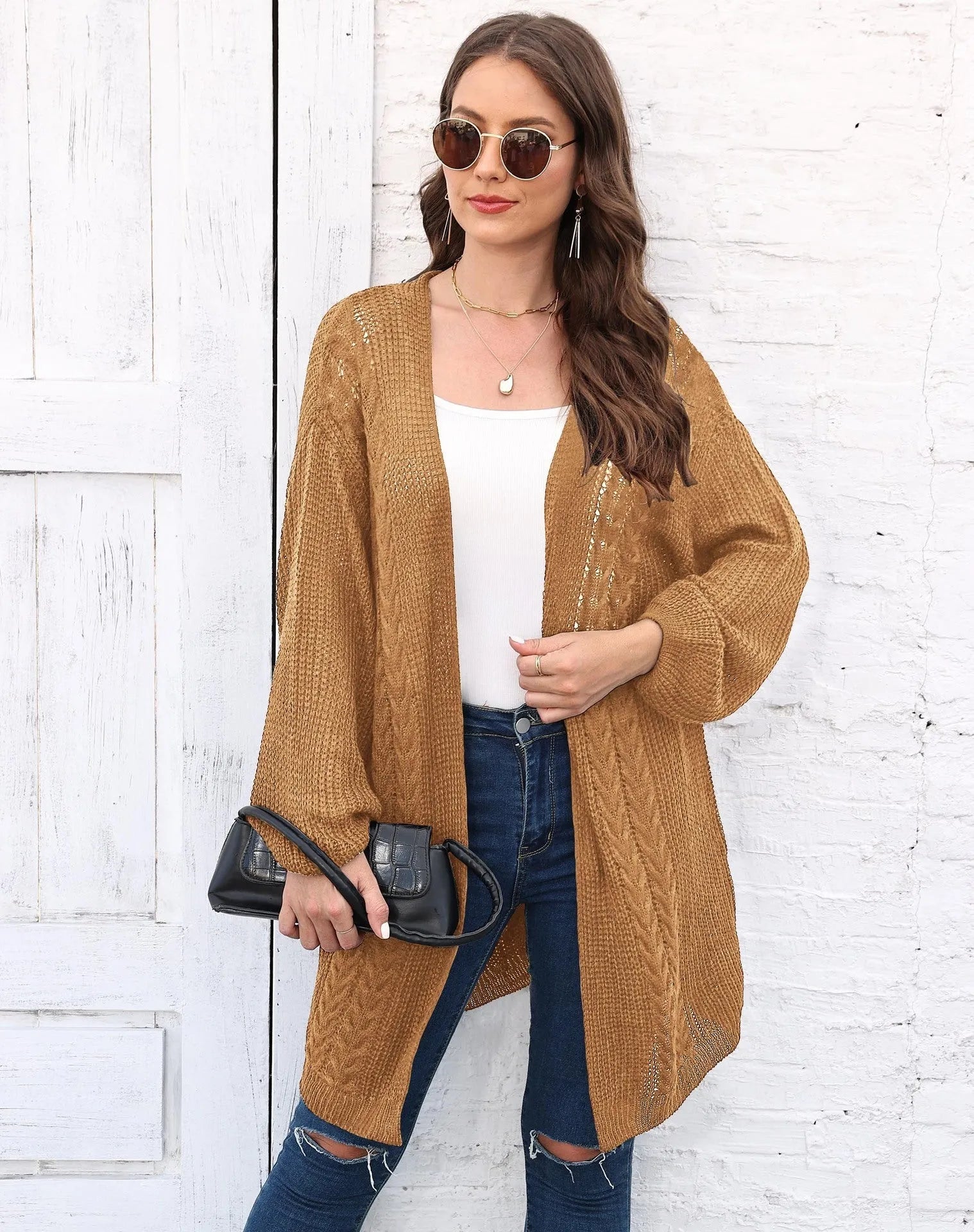 Women's loose acrylic sweater coat cardigan in army green, shown front view