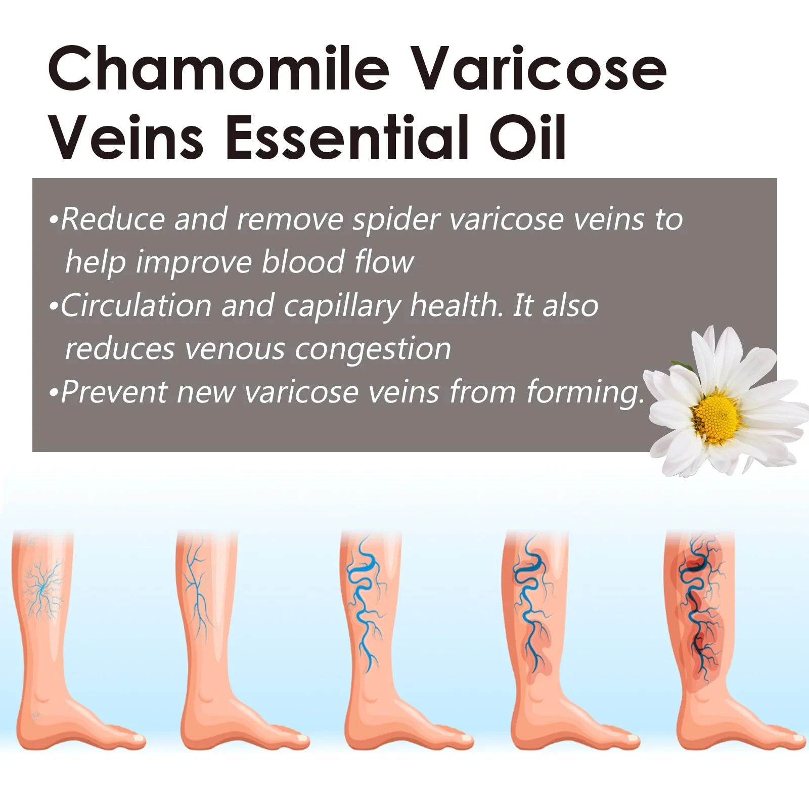 Chamomile leg essential oil bottle containing 10ml of concentrated natural oil for leg skin care