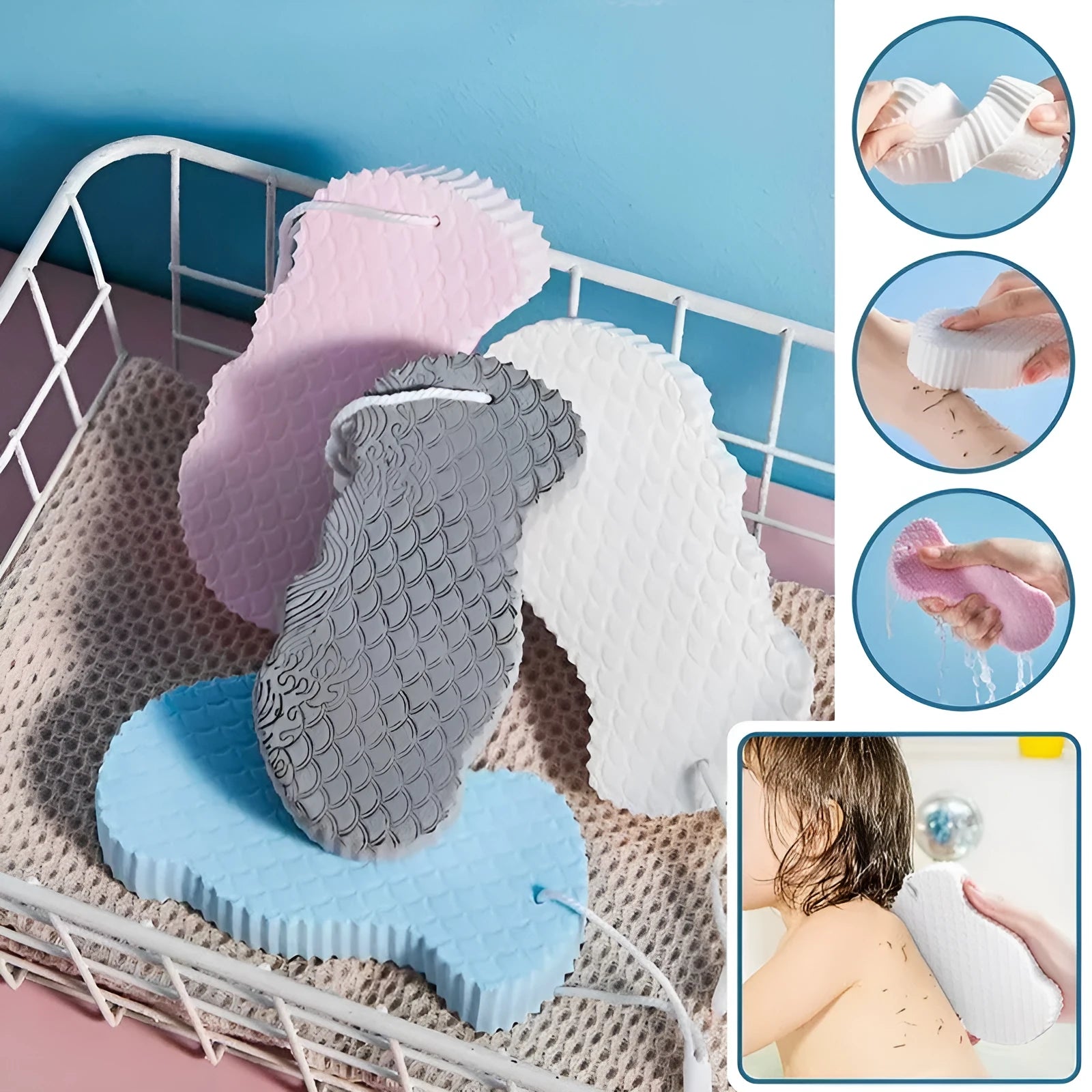 3D fish scale pattern bath sponge in white, grey, pink or light blue colours for gentle body exfoliation