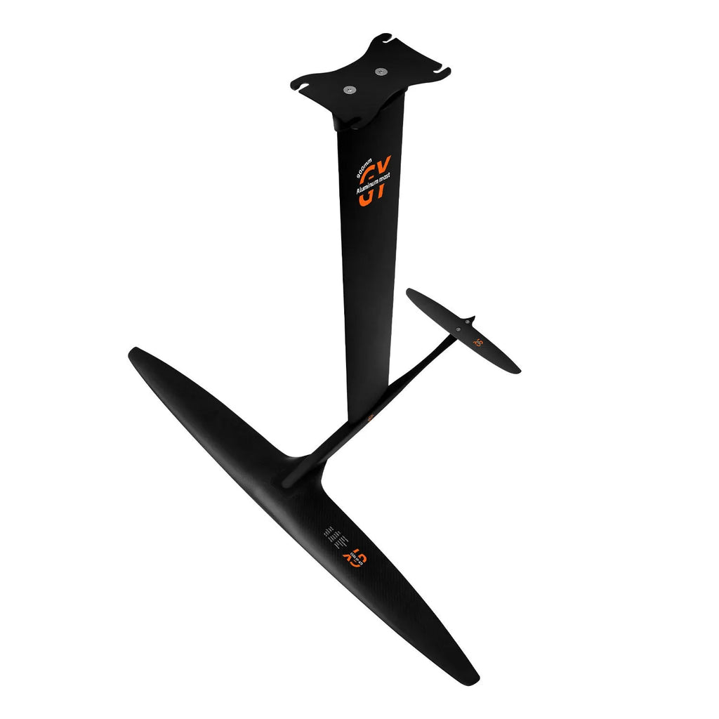 Black racing surfboard hydrofoil with carbon fibre and aluminium alloy construction
