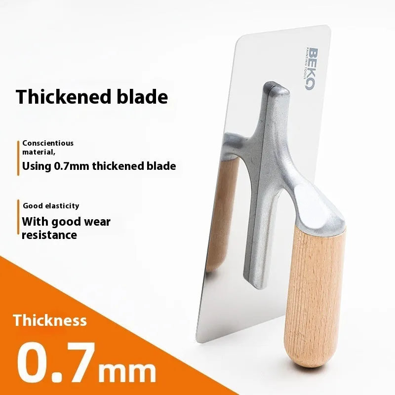 Stainless steel putty scraper with wooden handle in three different blade sizes for floor and wall work