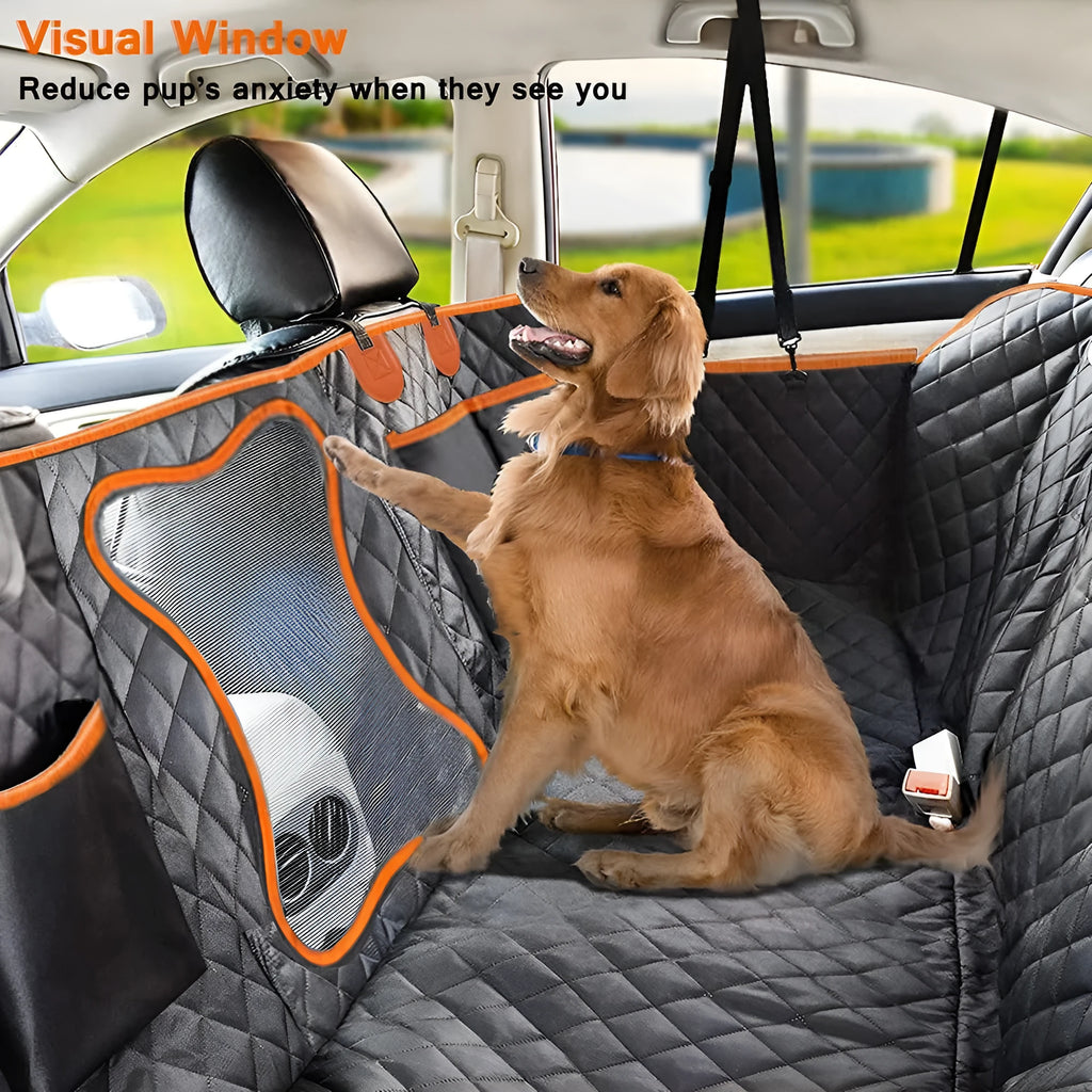 Black waterproof dog car seat cover with orange edging laid out on a car rear seat, showing mesh window and storage pocket.