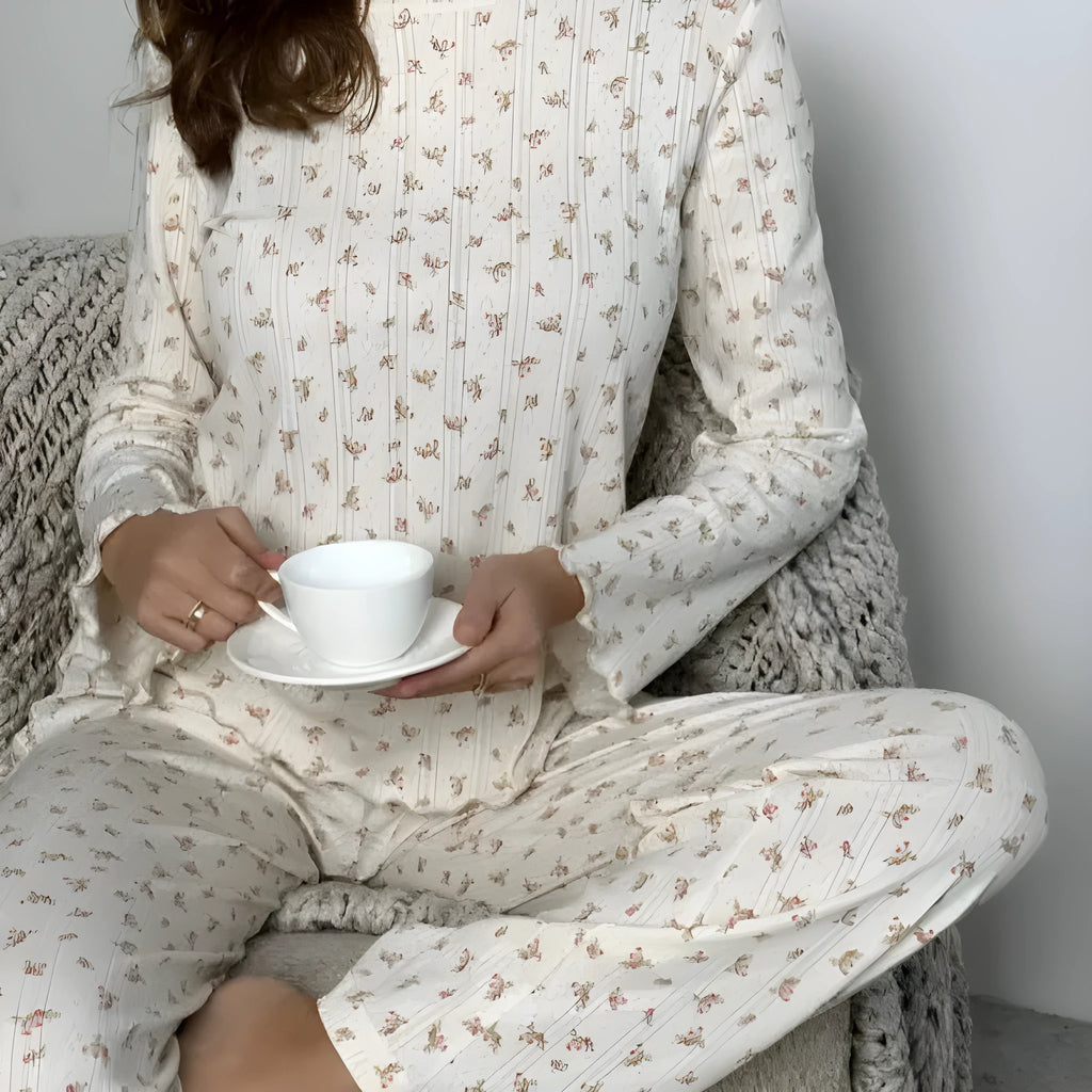 Women's white floral print polyester lounge suit with bell sleeve top and wide leg trousers