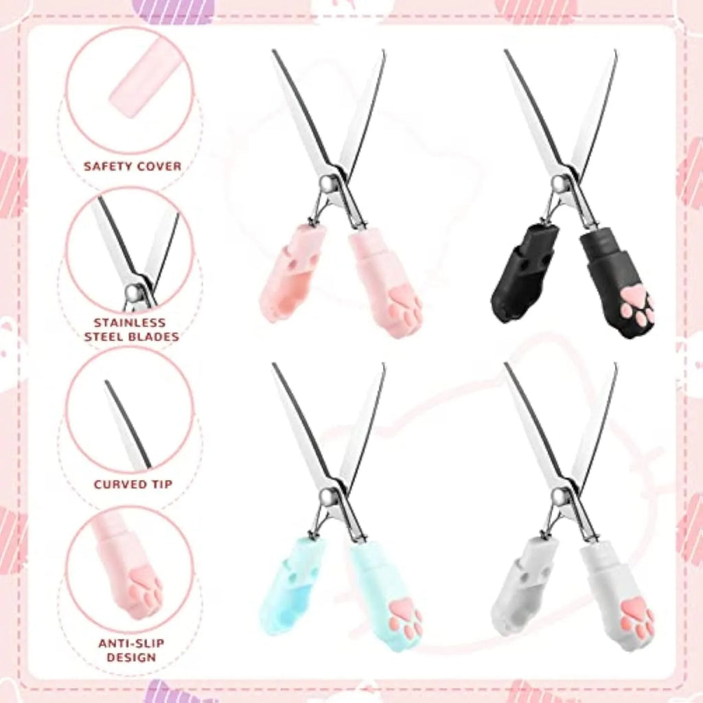 Cat paw mini folding safety scissors showing stainless steel blades and decorative handles in four colour options