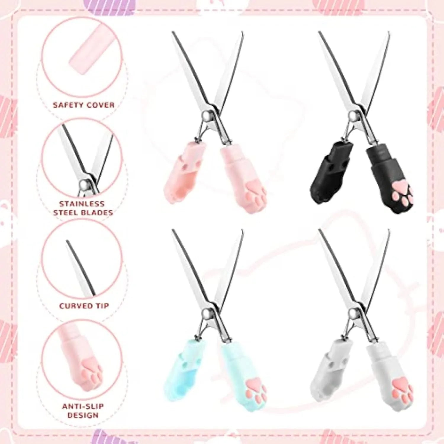 Cat paw mini folding safety scissors showing stainless steel blades and decorative handles in four colour options