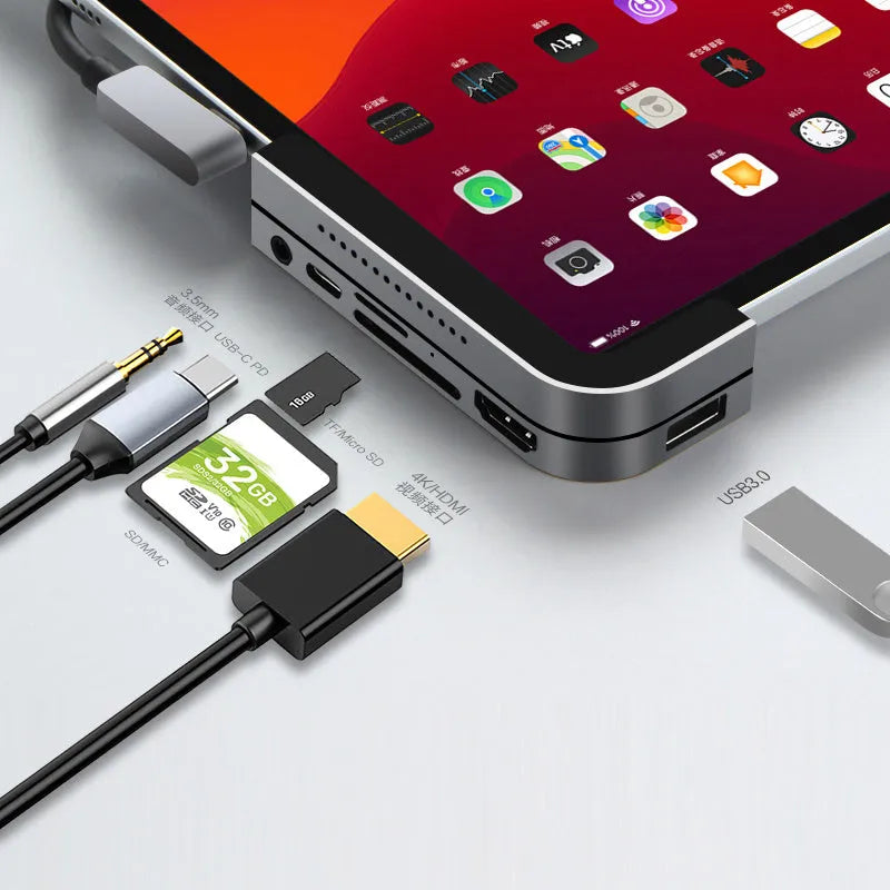 Silver aluminium grey USB-C docking station for iPad Pro with HDMI and USB ports