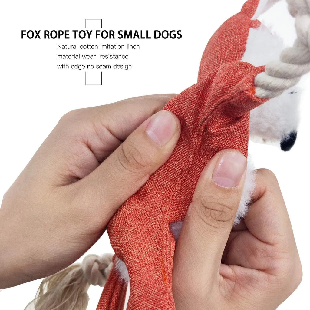 Brown fox-shaped plush dog toy with embroidered eyes, cotton rope limbs, and squeaker crinkle features.