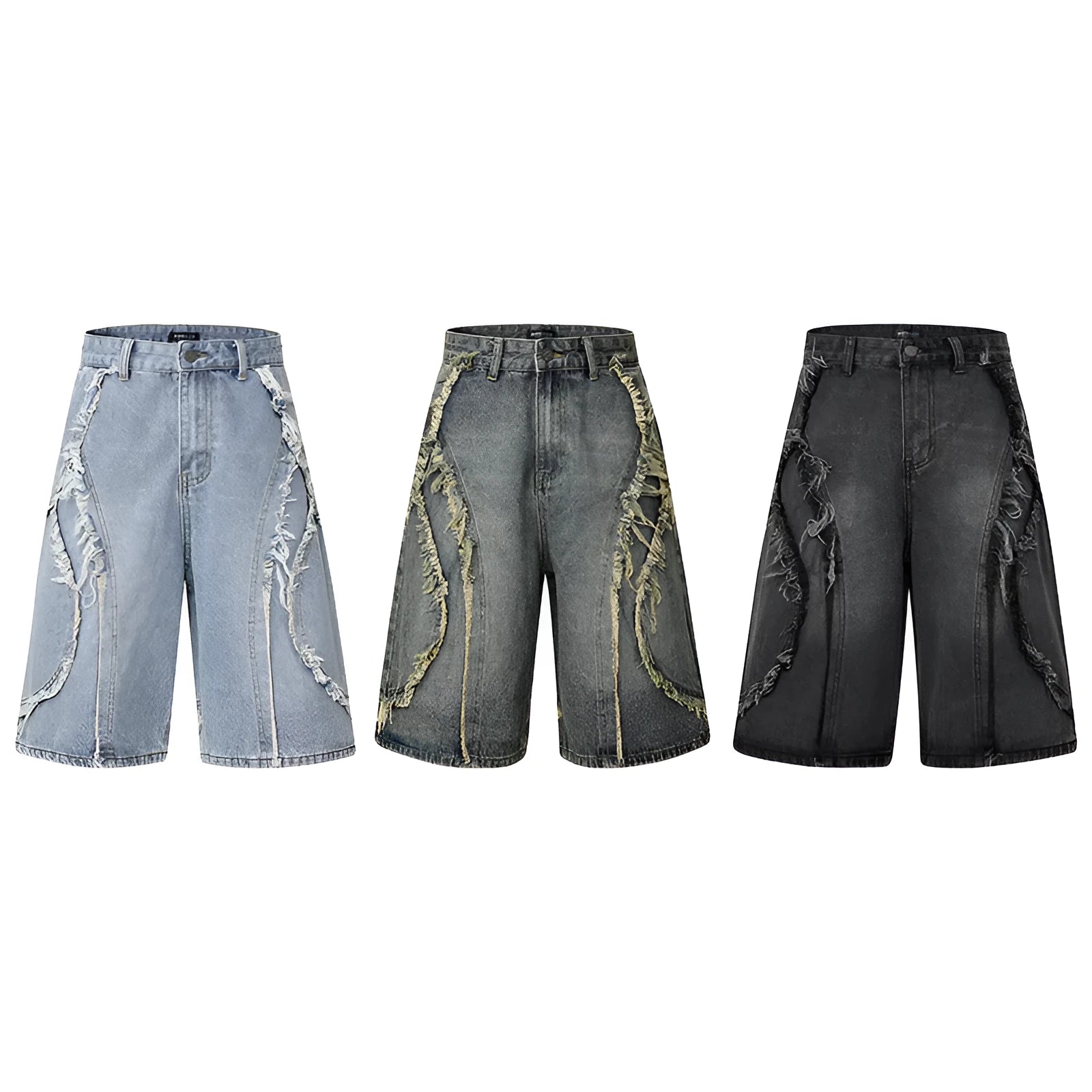 Straight cut denim shorts with raw edge distressing in black, shown on a model.