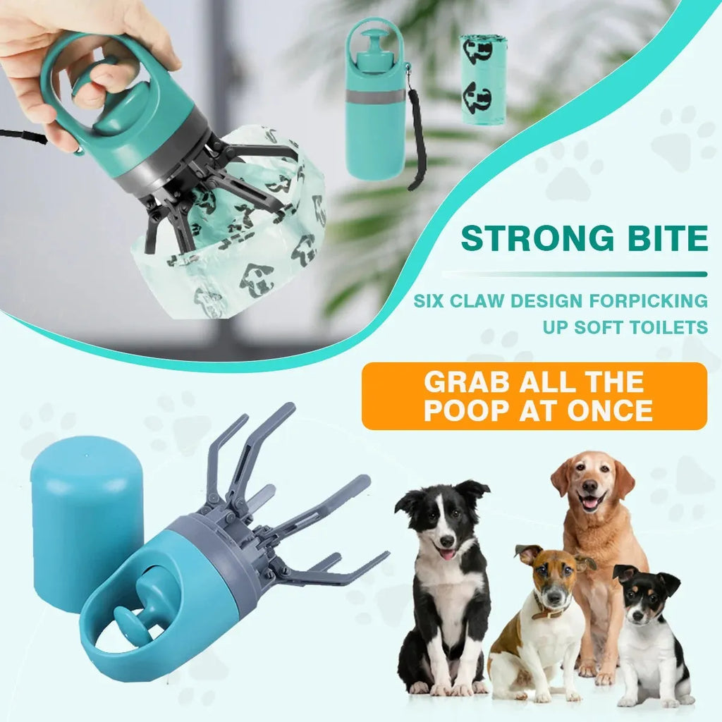 Blue and orange plastic claw-style pet pooper scooper with a roll of waste bags.