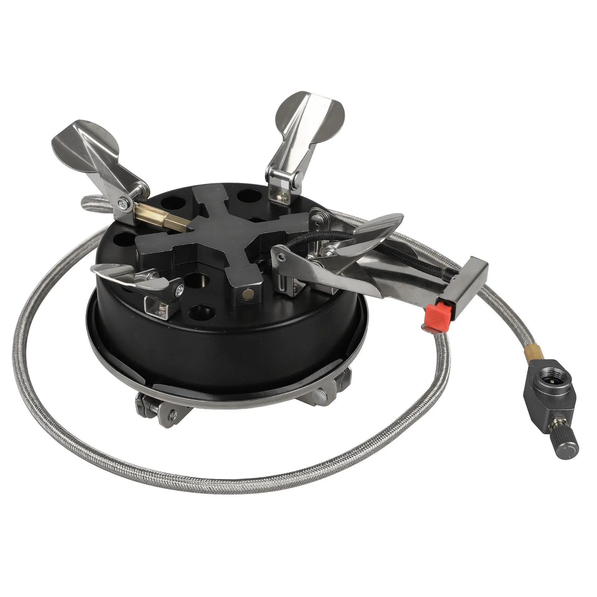 Silver stainless steel split stove for outdoor cooking with foldable design and 100cm hose