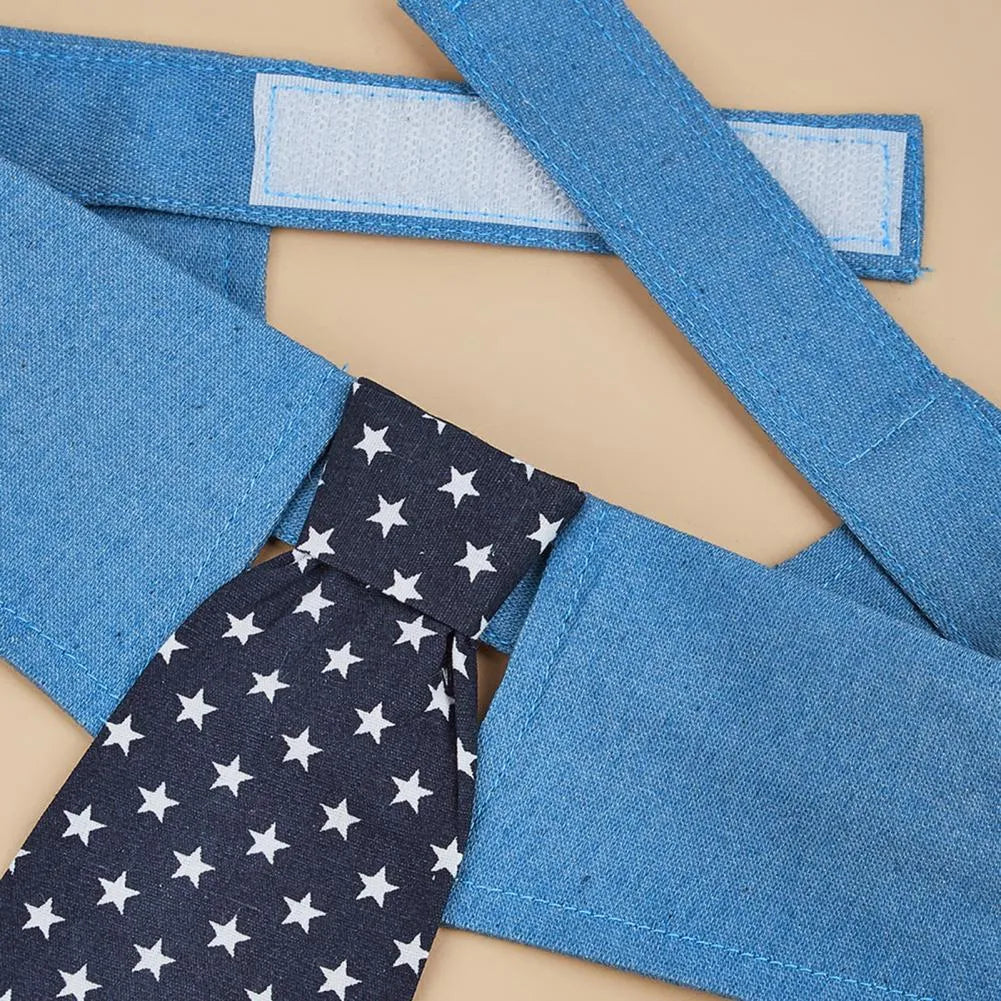 Denim dog collar with blue star pattern and red necktie on adjustable fastener tape.