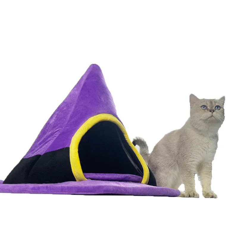 Purple cloth Halloween witch hat shaped cat bed measuring 60x45cm