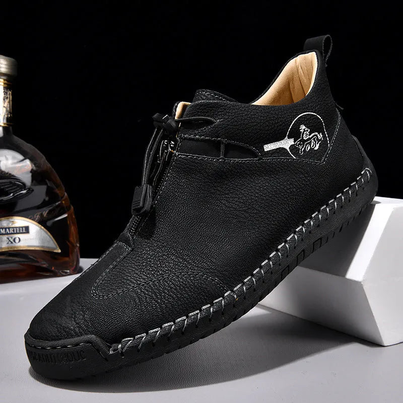 Men's casual leather shoes with round toe and 3-5cm heel in black, blue, green, or khaki