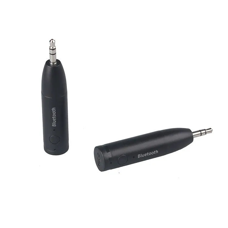 Black Bluetooth 5.0 AUX audio receiver for car stereo with USB charging cable