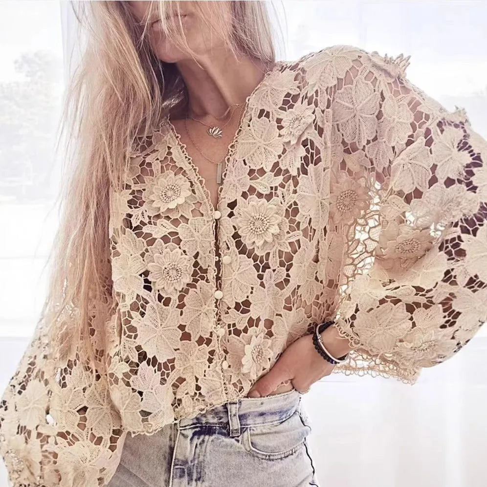Women's lace cardigan with three-dimensional flower decoration and V-neck design in loose street fashion fit