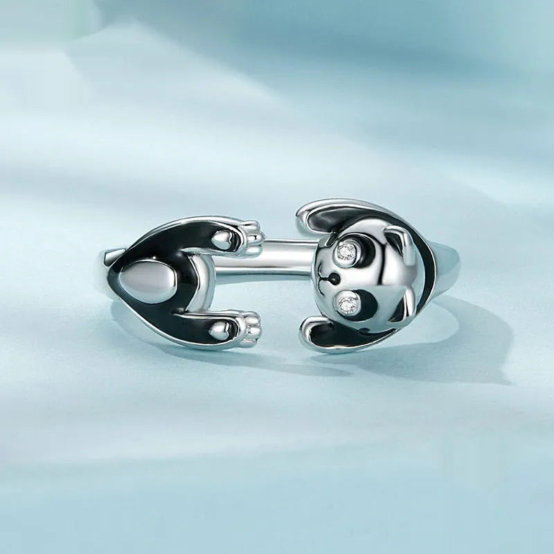 Adjustable panda open ring bracelet in sterling silver with white gold plating showing animal design