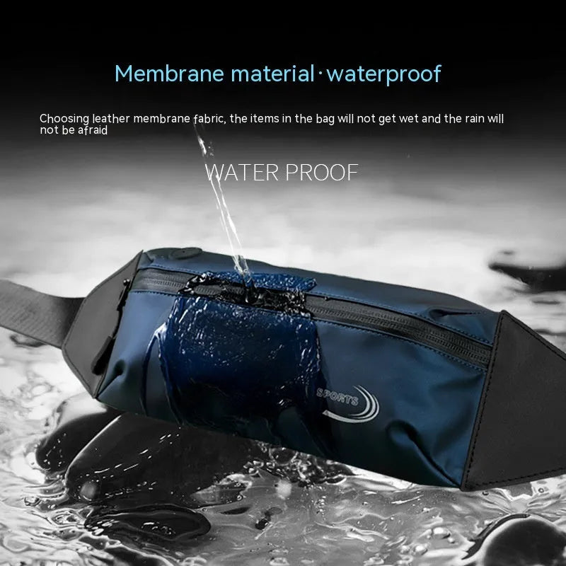 Men's blue waterproof waist bag made from Oxford polyester fabric for sports activities