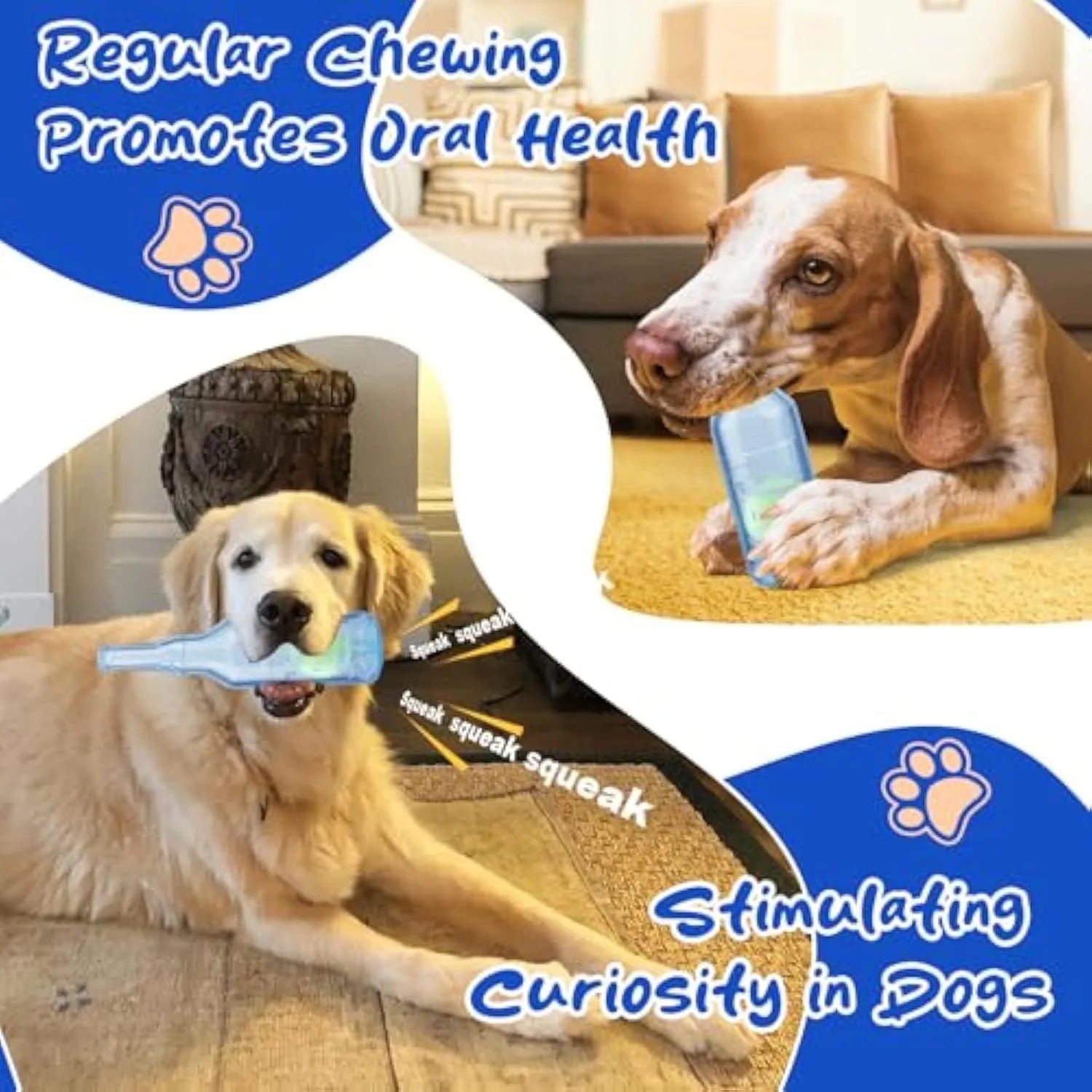 Blue water bottle dog chew toy with squeaker floating in pool for interactive play.