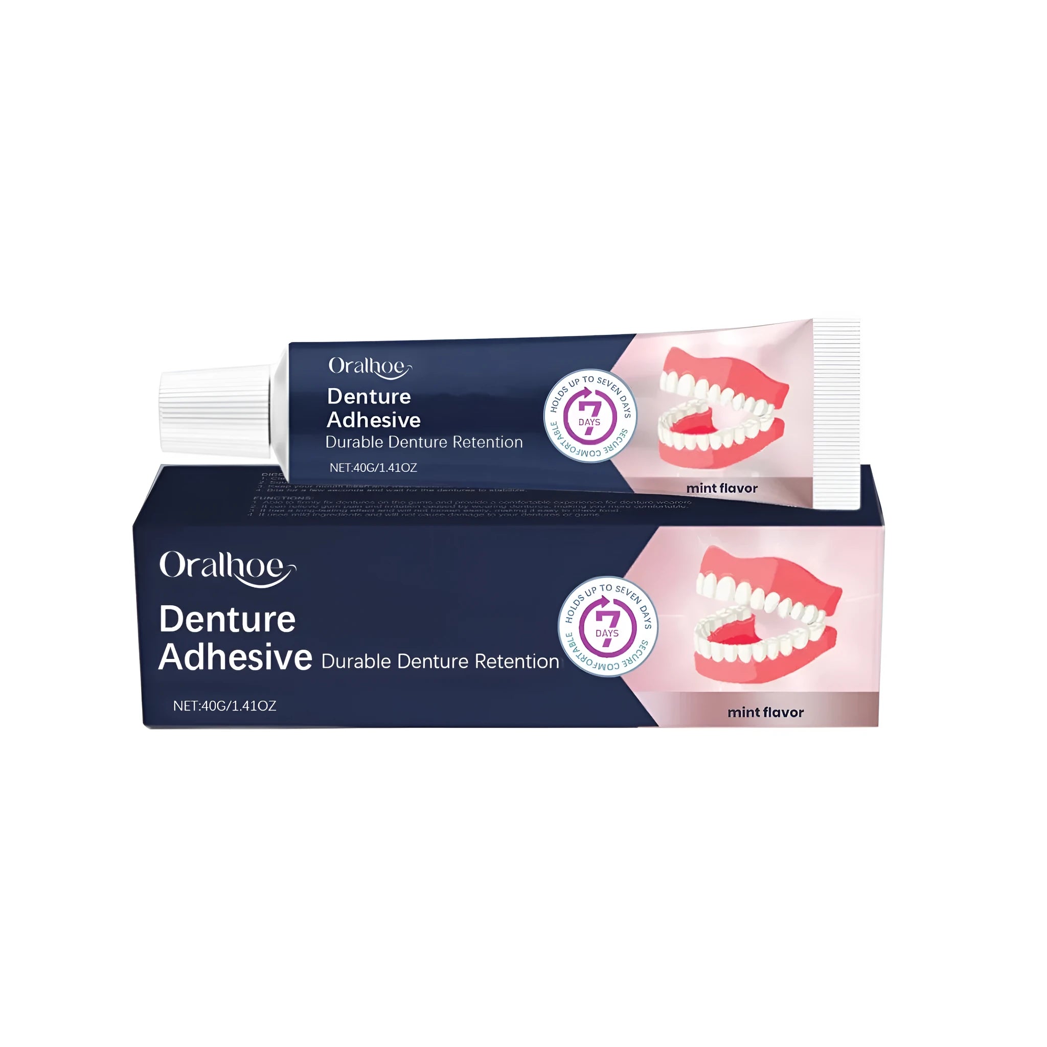 40g tube of menthol flavoured denture fixing adhesive with petrolatum formula
