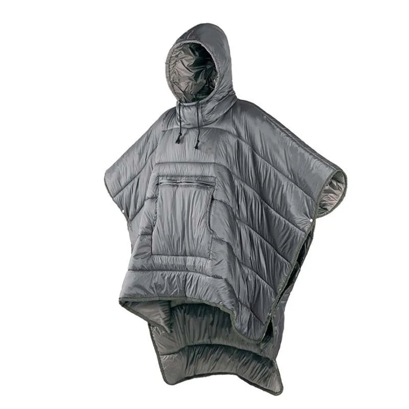 Outdoor cloak sleeping bag wearable as cape shawl with 200x140cm dimensions and hollow cotton filling