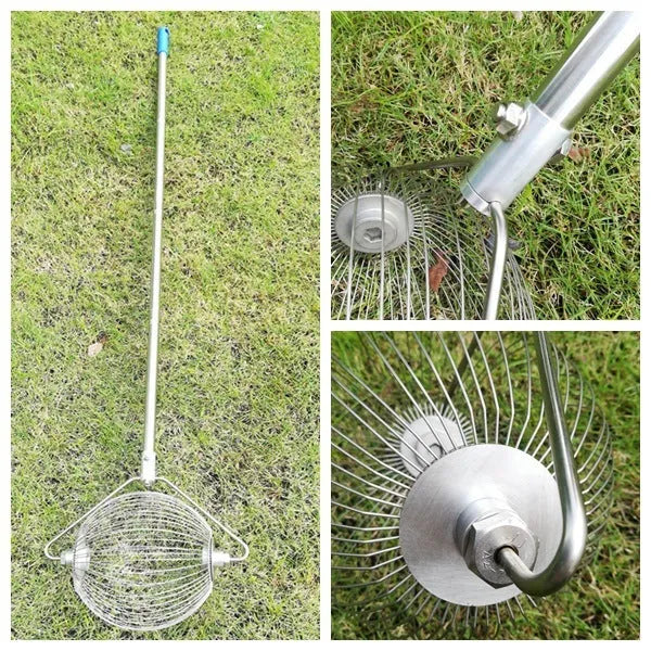 Metallic stainless steel golf ball picker for retrieving golf balls without bending