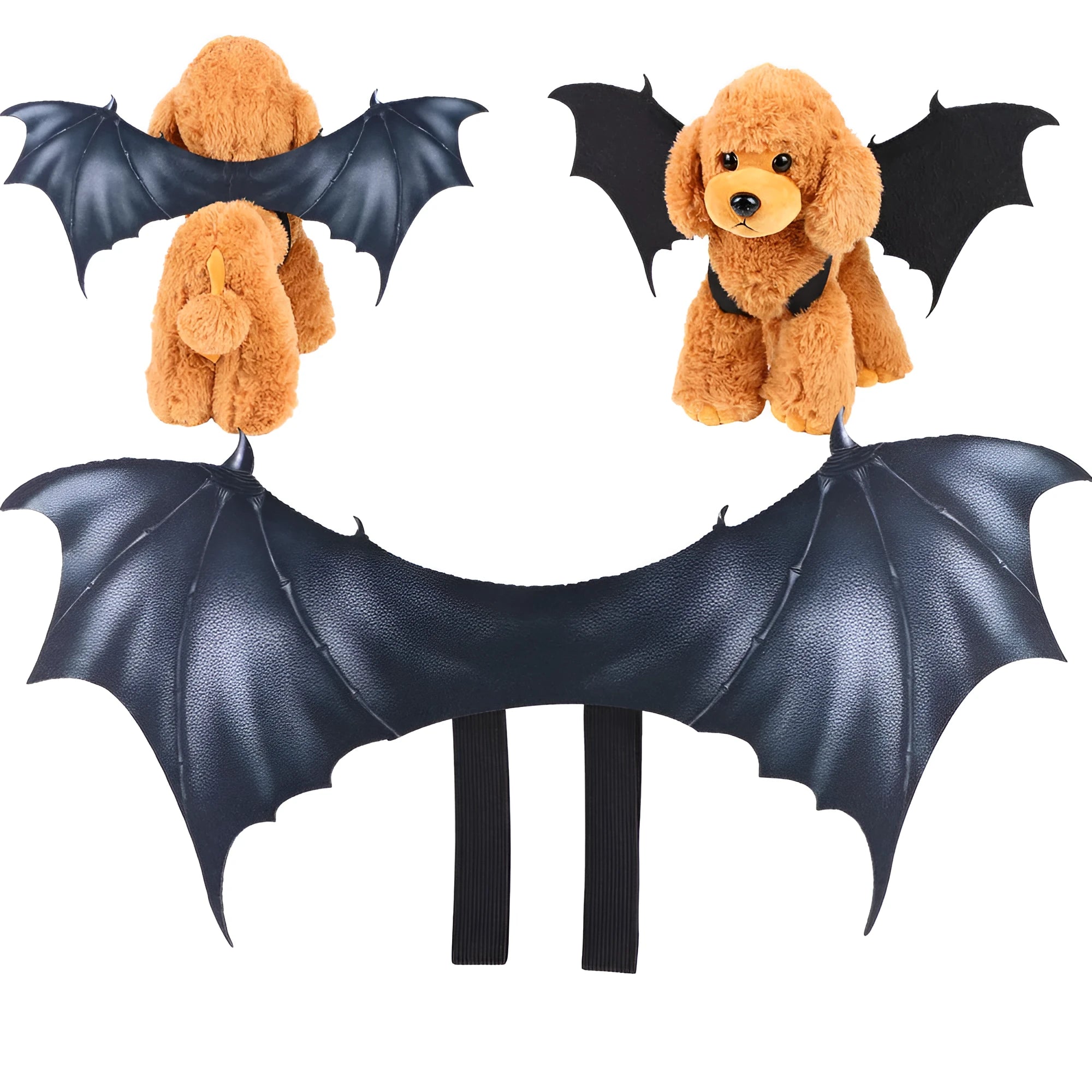 Black cloth bat wing costume for dog or cat, shown in large, medium, and small sizes.