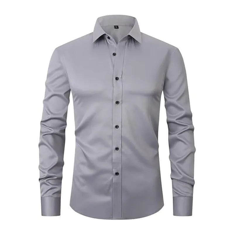 Men's stretch long sleeve work shirt in polyester fibre showing colour options and sizing details