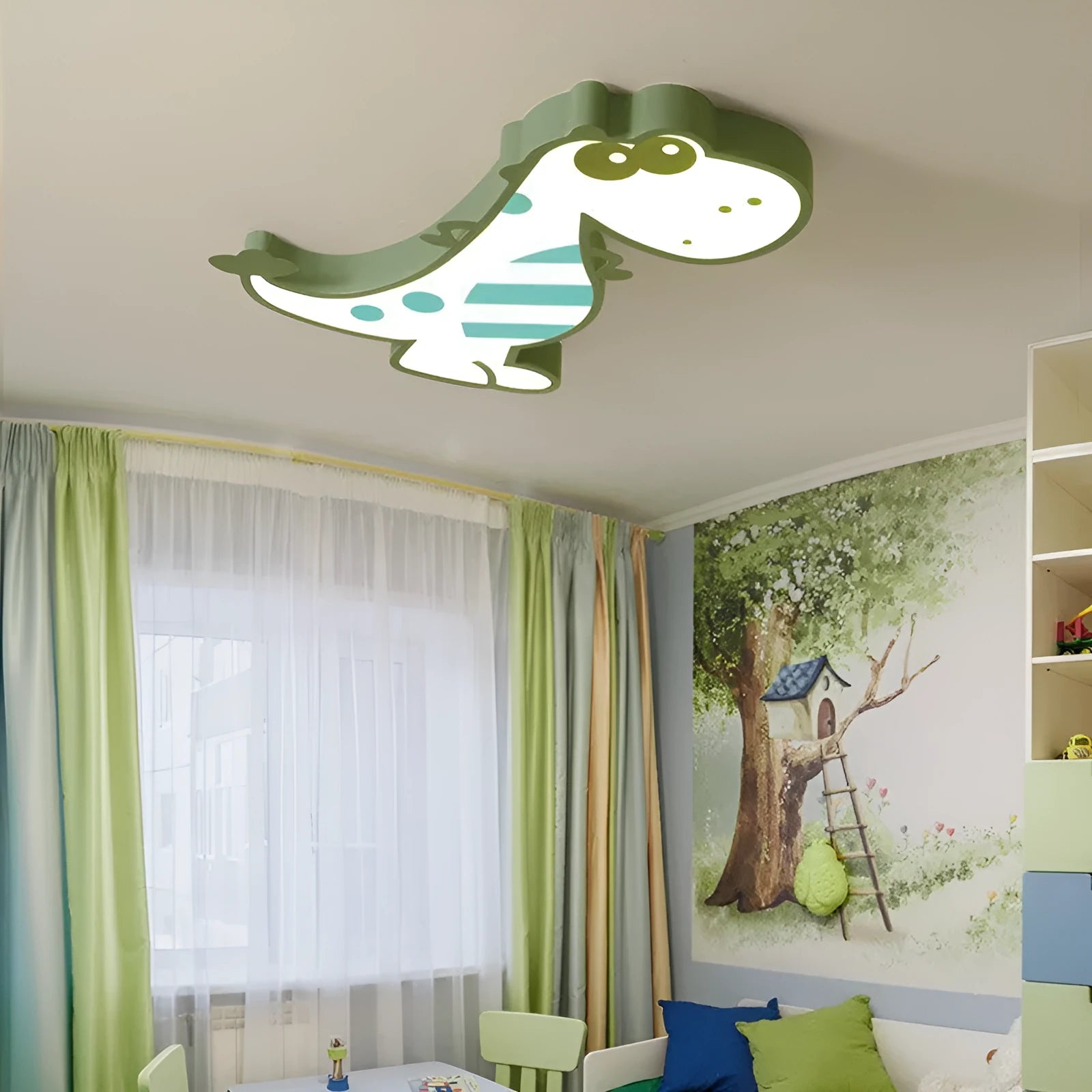 Green cartoon dinosaur ceiling light with 48cm diameter and aluminium PVC construction