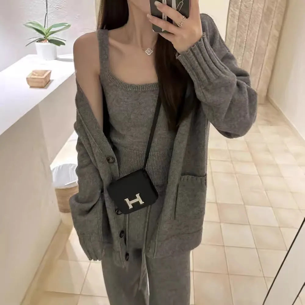 Women's knitted cardigan suspender pants three-piece set in wool blend fabric