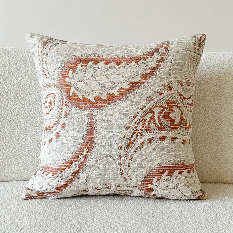 American-style jacquard paisley sofa cushion in amber colour with plant and flower pattern