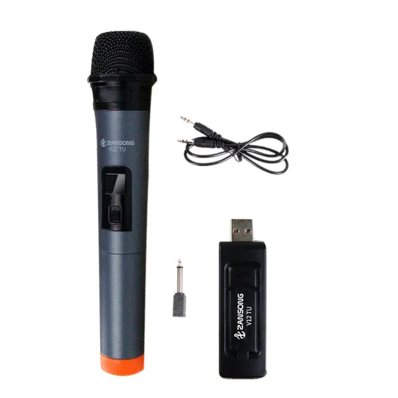 Black ZANSONG V12 wireless dynamic handheld microphone with USB receiver and accessories