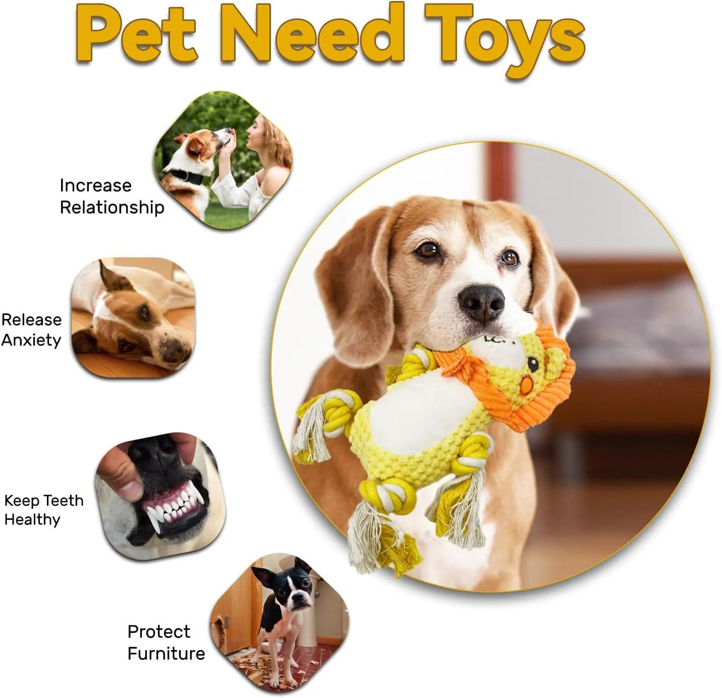 Plush squeaky dog toy bundle showing lion and monkey designs for medium to large dogs