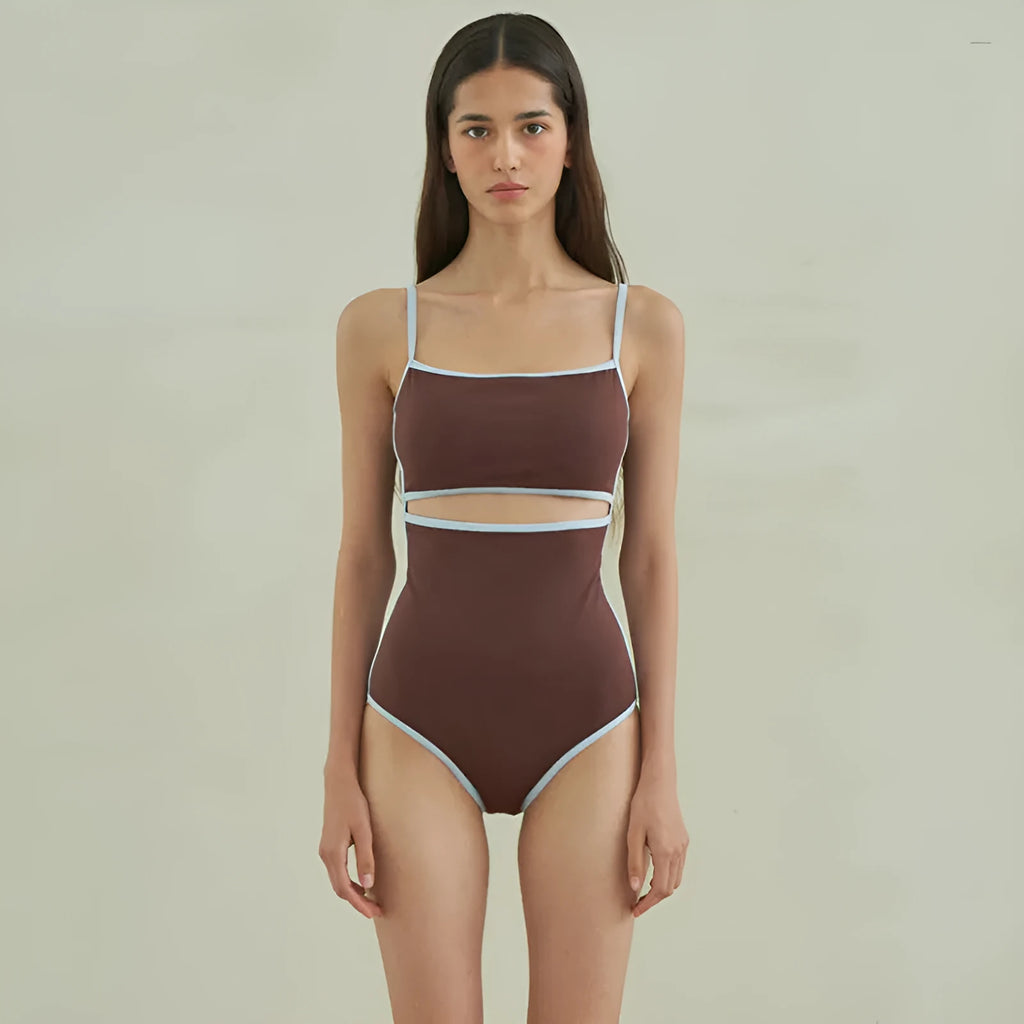 Brown women's triangle one-piece swimsuit on a hanger, sizes M L XL available.