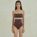 Brown women's triangle one-piece swimsuit on a hanger, sizes M L XL available.