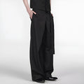 Black loose cut straight-leg trousers with adjustable waist in Tencel-cotton fabric