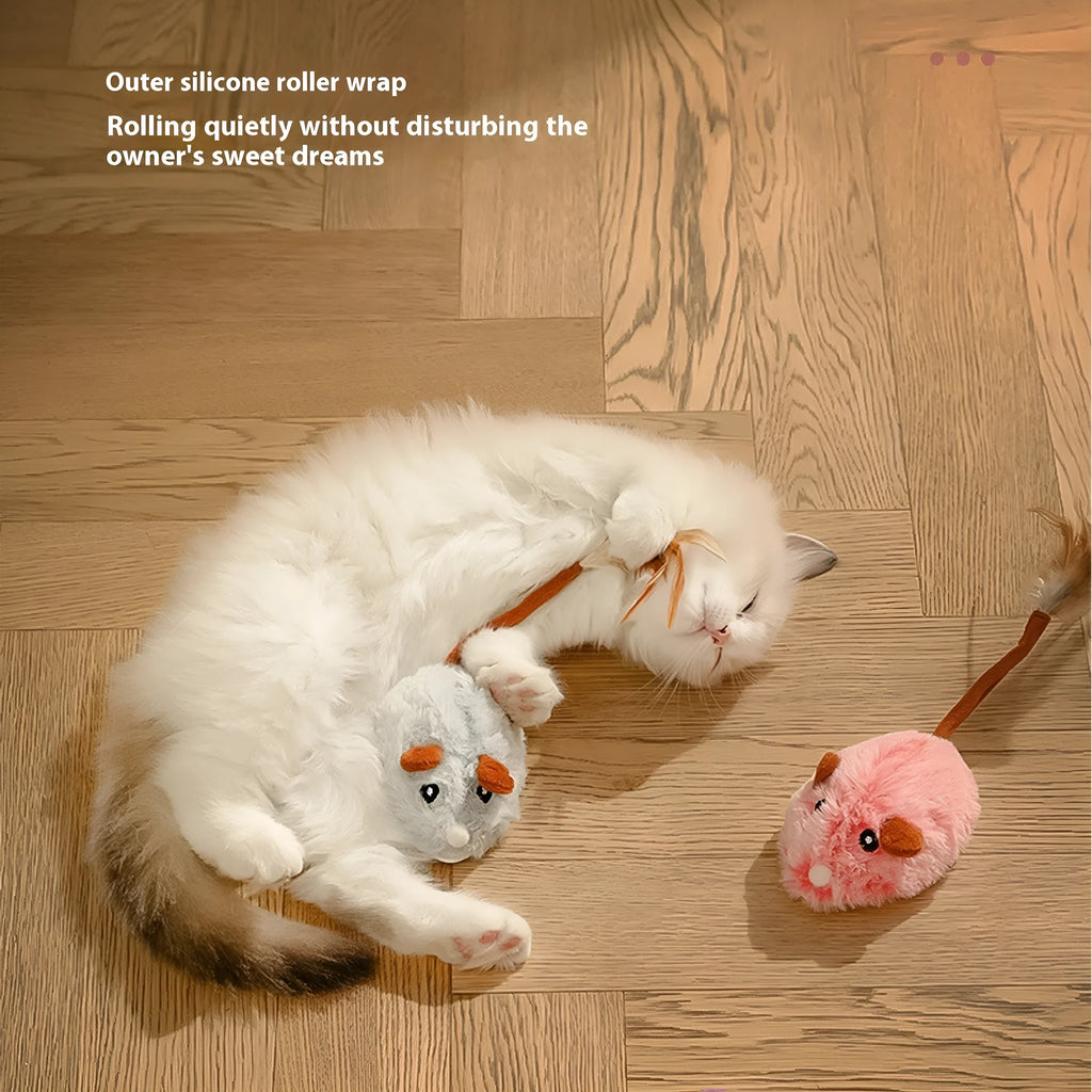 Electric mouse cat pole toy with plush mice in pink, dark grey, or purple colour options