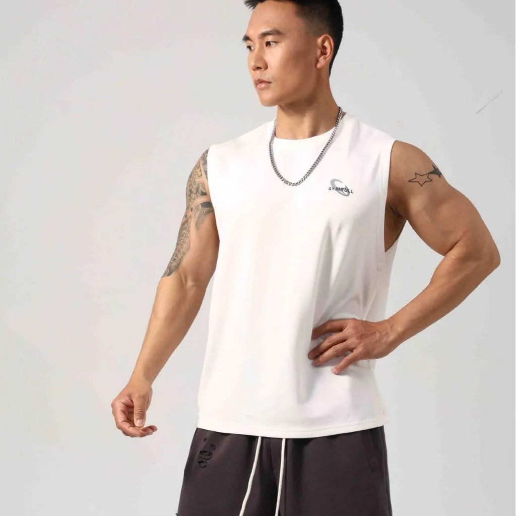 Korean style men's loose cotton fitness vest with hidden hook fastening on both sides