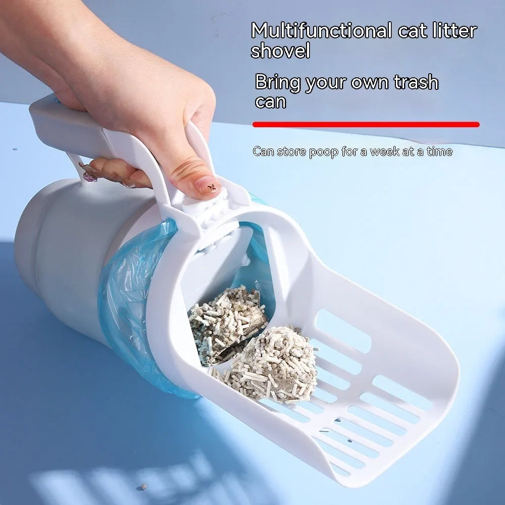 Grey cat litter scoop tool with attached waste collection bin and foldable bottom.