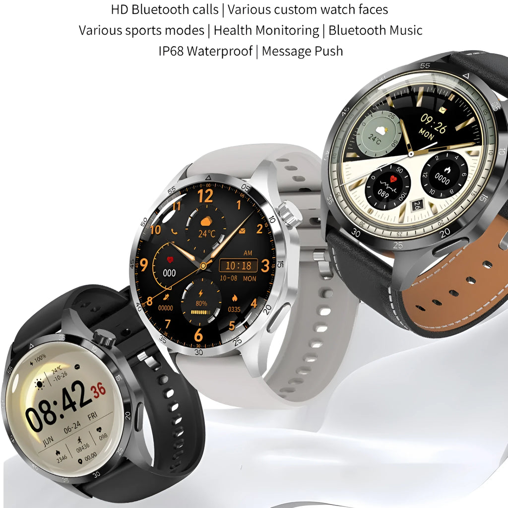 Black smartwatch with Bluetooth calling on wrist, showing health metrics on TFT screen