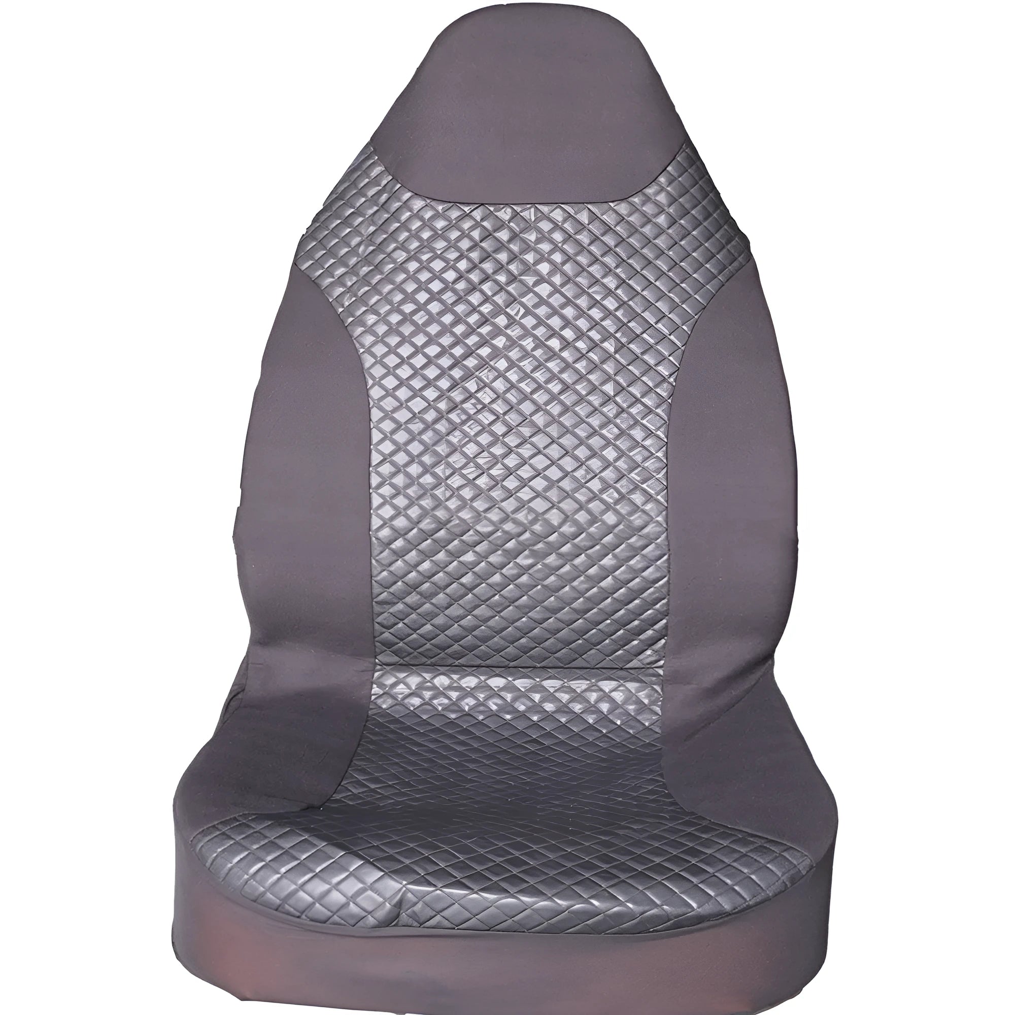 Black quilted automotive seat cover made from PU and polyester fabric on a car seat.